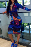 Multicolor Sexy Print Patchwork Fold Zipper Collar Long Sleeve Dresses