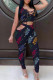 Deep Blue Casual Print Hollowed Out Patchwork Frenulum O Neck Sleeveless Two Pieces