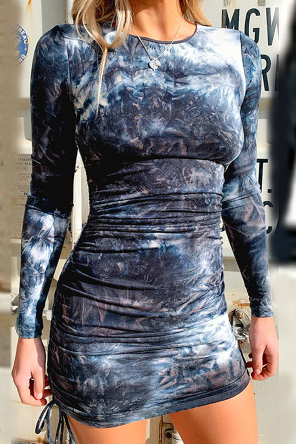 Blue Sexy Print Tie Dye Patchwork Draw String Fold O Neck Pencil Skirt Dresses
