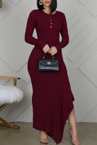 Burgundy Elegant Solid Split Joint Buttons Flounce Asymmetrical O Neck Straight Dresses