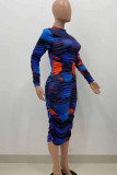 Multicolor Sexy Print Patchwork Fold Zipper Collar Long Sleeve Dresses