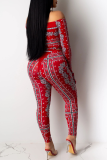 Red Sexy Print Patchwork Off the Shoulder Long Sleeve Two Pieces