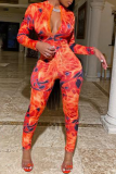 Tangerine Red Sexy Print Patchwork Zipper Collar Skinny Jumpsuits
