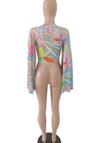 Multicolor Sweet Print Patchwork V Neck Tops