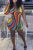 Colour Sexy Print Patchwork One Shoulder Pencil Skirt Dresses