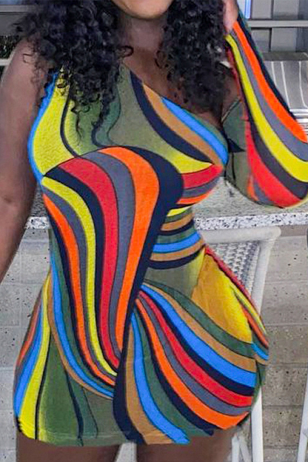 Colour Sexy Print Patchwork One Shoulder Pencil Skirt Dresses
