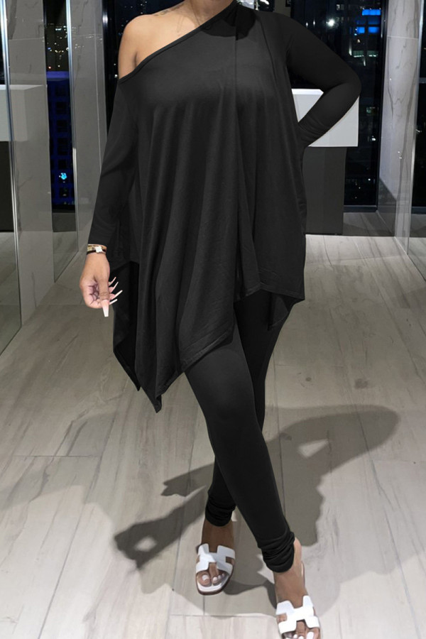 Black Fashion Casual Solid Asymmetrical Oblique Collar Long Sleeve Two Pieces