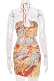 Yellow Fashion Sexy Print Bandage Backless Halter Sleeveless Dress