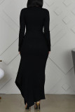 Black Elegant Solid Split Joint Buttons Flounce Asymmetrical O Neck Straight Dresses
