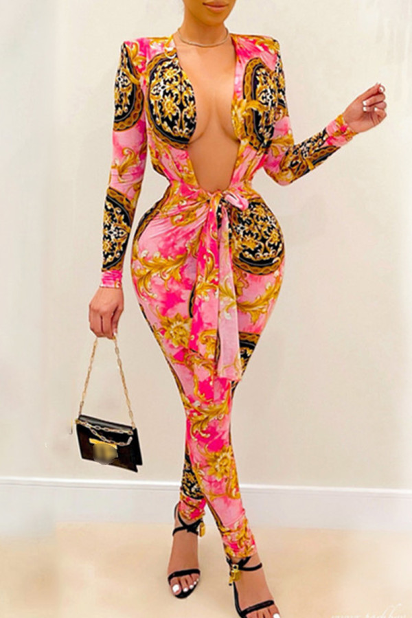 Multicolor Fashion Casual Print Basic V Neck Skinny Jumpsuits