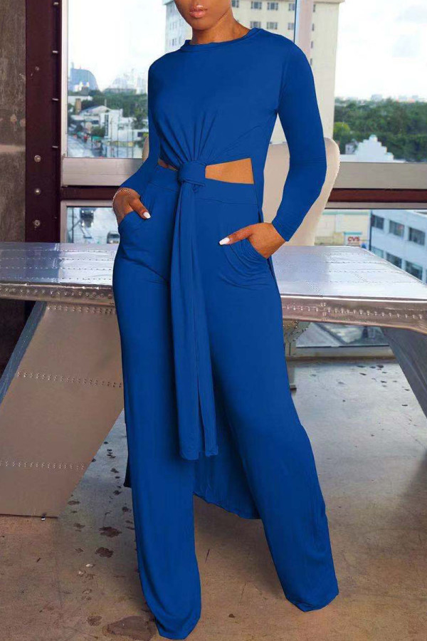 Blue Casual Solid Patchwork Slit O Neck Long Sleeve Two Pieces