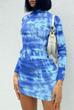 Blue Fashion Sexy Print Basic Half A Turtleneck Long Sleeve Dresses