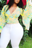 Multicolor Sweet Print Patchwork V Neck Tops