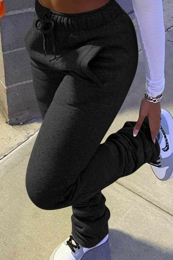 Black Fashion Casual Adult Solid Fold Boot Cut Bottoms