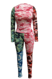 Colour Sexy Camouflage Print Patchwork O Neck Long Sleeve Two Pieces
