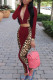 Burgundy Casual Print Patchwork Zipper Collar Long Sleeve Two Pieces