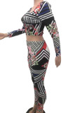 Multicolor Street Print Patchwork Square Collar Long Sleeve Two Pieces