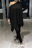 Red Fashion Casual Solid Asymmetrical Oblique Collar Long Sleeve Two Pieces