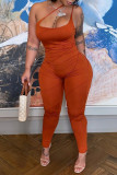 Red Fashion Sexy Solid Backless One Shoulder Skinny Jumpsuits