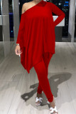 Red Fashion Casual Solid Asymmetrical Oblique Collar Long Sleeve Two Pieces
