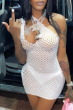 White Sexy Solid Mesh One Shoulder Pencil Skirt Dresses