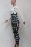 Tangerine Red Casual Plaid Print Patchwork O Neck Long Sleeve Two Pieces
