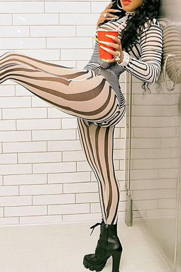 Black White Sexy Print Patchwork Half A Turtleneck Skinny Jumpsuits
