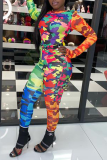 Colour Sexy Camouflage Print Patchwork O Neck Long Sleeve Two Pieces