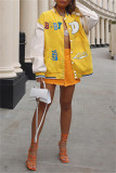 Yellow Fashion Casual Print Patchwork Outerwear