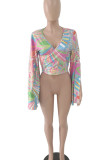 Multicolor Sweet Print Patchwork V Neck Tops