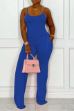 Baby Blue Casual Solid Patchwork Spaghetti Strap Straight Jumpsuits