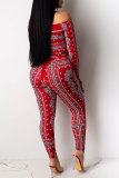 Red Sexy Print Patchwork Off the Shoulder Long Sleeve Two Pieces