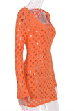 Orange Fashion Sexy Solid Hollowed Out See-through O Neck Long Sleeve Dresses