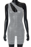 White Sexy Solid Mesh One Shoulder Pencil Skirt Dresses