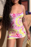 Yellow Fashion Sexy Print Backless Spaghetti Strap Sleeveless Dress
