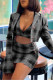 Grey Casual Plaid Print Patchwork Turn-back Collar Long Sleeve Three Pieces