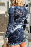 Blue Sexy Print Tie Dye Patchwork Draw String Fold O Neck Pencil Skirt Dresses