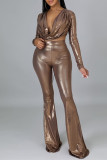 Brown Fashion Sexy Solid Patchwork V Neck Long Sleeve Two Pieces