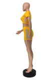 Yellow Casual Sportswear Solid Patchwork O Neck Short Sleeve Two Pieces