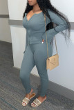 Gray Blue Fashion Casual Solid Basic Zipper Collar Long Sleeve Two Pieces pre-sale
