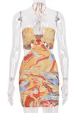 Yellow Fashion Sexy Print Bandage Backless Halter Sleeveless Dress