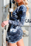 Blue Sexy Print Tie Dye Patchwork Draw String Fold O Neck Pencil Skirt Dresses