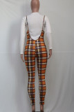 Tangerine Red Casual Plaid Print Patchwork O Neck Long Sleeve Two Pieces
