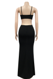 Black Sexy Solid Hollowed Out Halter Pencil Skirt Dresses