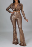 Brown Fashion Sexy Solid Patchwork V Neck Long Sleeve Two Pieces