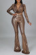 Brown Fashion Sexy Solid Patchwork V Neck Long Sleeve Two Pieces