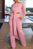Pink Casual Solid Patchwork Slit O Neck Long Sleeve Two Pieces