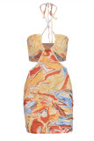 Yellow Fashion Sexy Print Bandage Backless Halter Sleeveless Dress