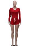 Red Casual Solid Patchwork O Neck Long Sleeve Two Pieces