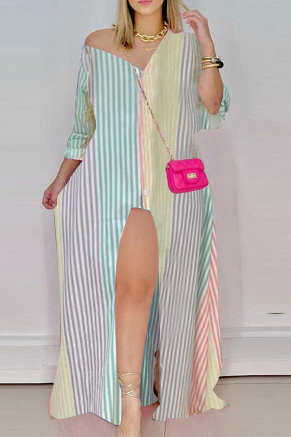 Green Yellow Sexy Print Asymmetrical V Neck A Line Dresses